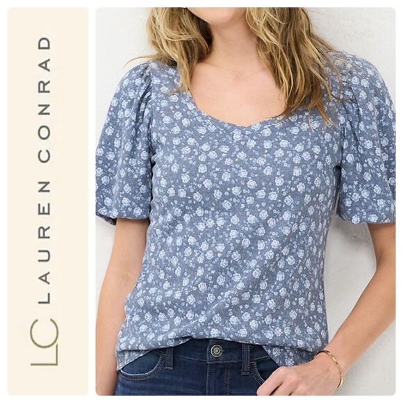 NWT Lauren Conrad Blue‎ Cottagecore Foral Puff Sleeve Top - 4X - Picture 2 of 11